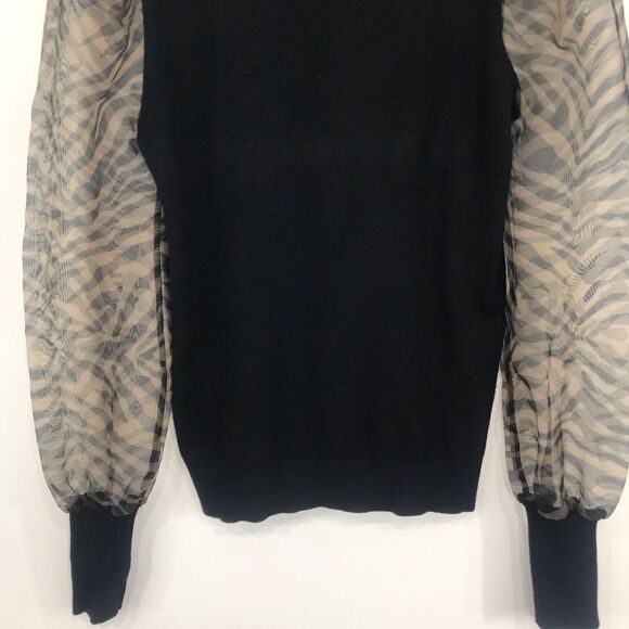 Sioni Milano Black Knit Semi Sheer Zebra Sleeve Pullover Mock Neck Sweater - Picture 7 of 12